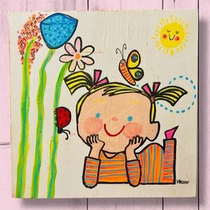 Original Painting Storybook Little Girl & Ladybug 8” Square Artist VBN 2016